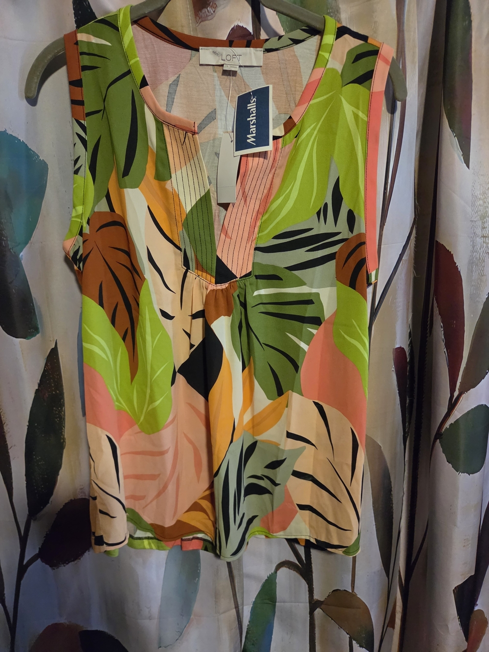 LOFT Tropical Leaf V-Neck Sleeveless Camisole in Green, Pink, Orange